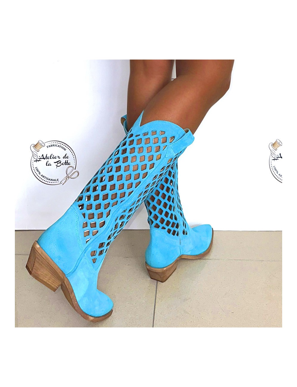 Bottes Cowboy Turquoise Daim Ajour Es Bottes Santiag Et Country