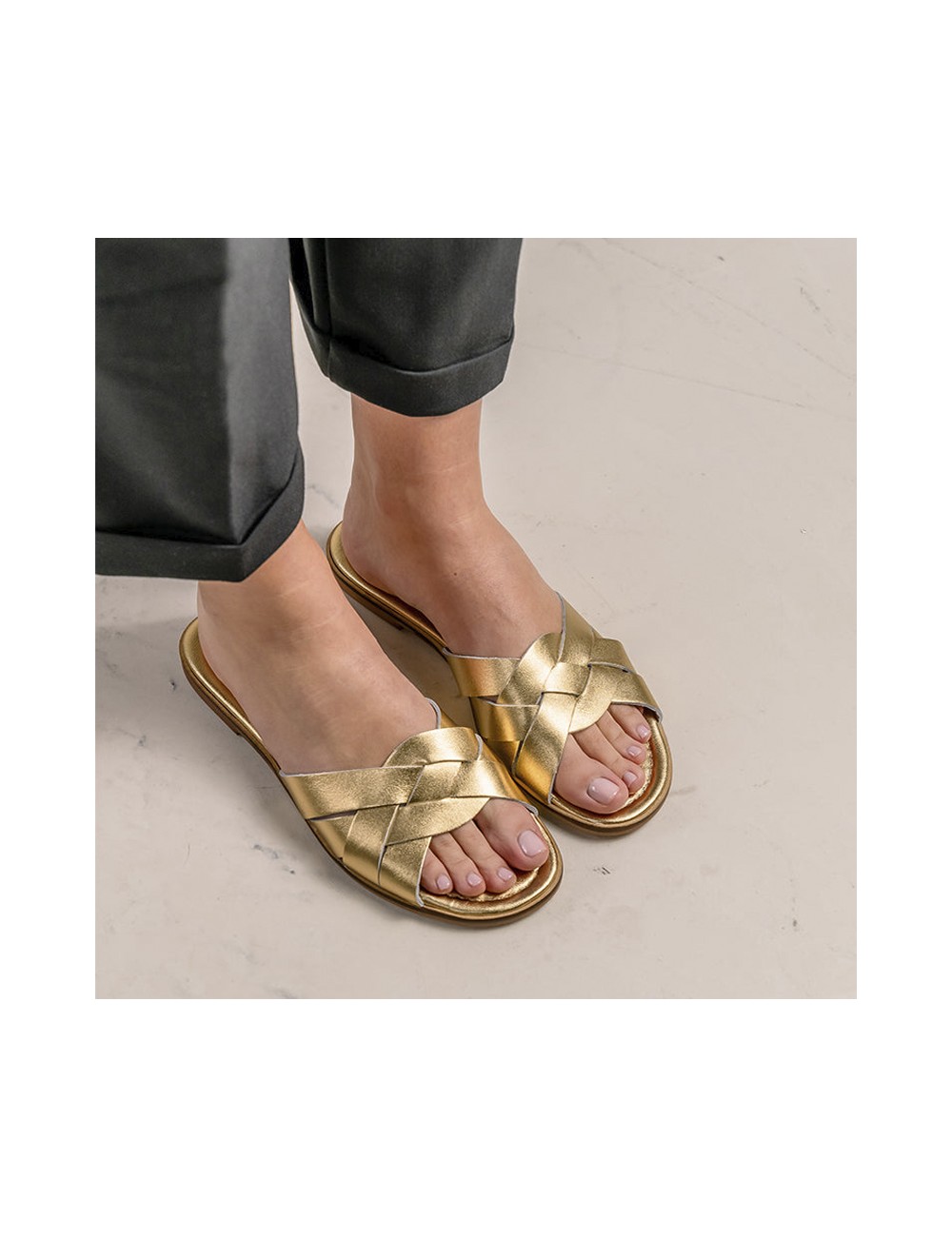 Mules plates cuir tressé doré - Accessoires pour chaussures