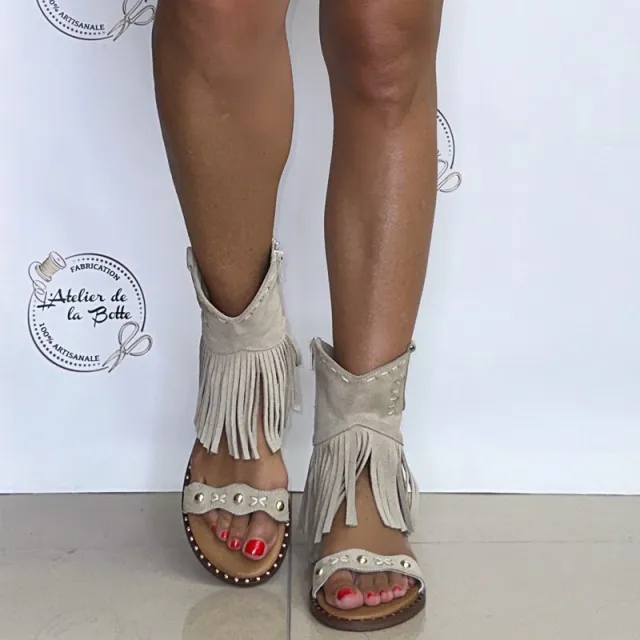 Sandales franges plates daim beige - Accessoires pour chaussures