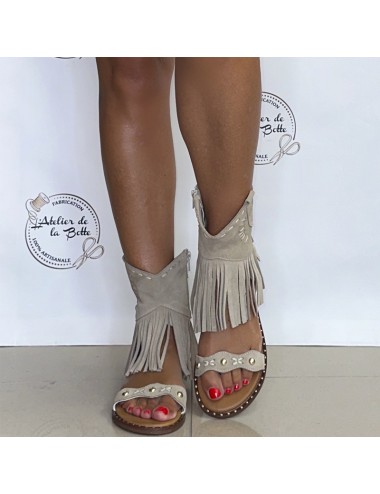 Sandales franges plates daim beige - Accessoires pour chaussures