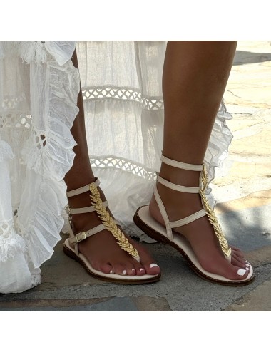 Spartiates cuir écru feuilles dorés - Accessoires pour chaussures