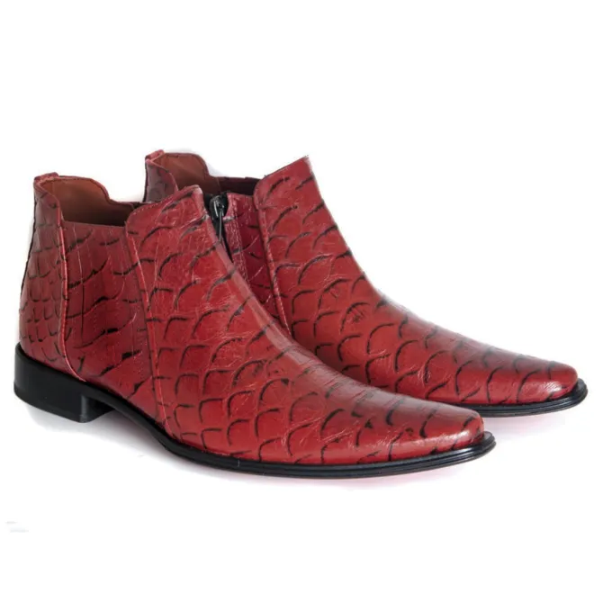 Boots homme cuir rouge effet croco - Accessoires pour chaussures