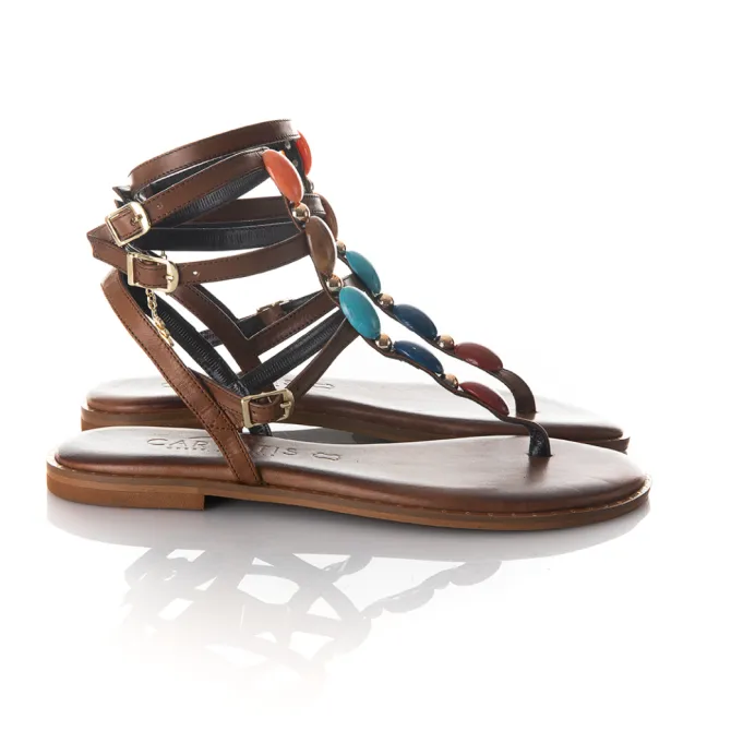 Spartiates cuir marron pierres couleur - Accessoires pour chaussures