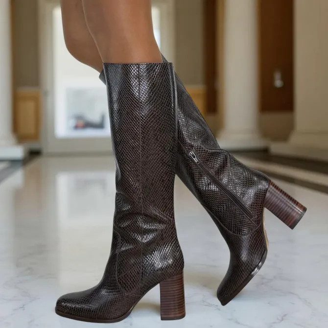 Bottes cavalières cuir serpent marron talon - Accessoires pour chaussures