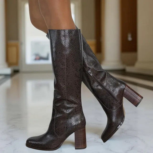 Bottes cavalières cuir serpent marron talon - Accessoires pour chaussures