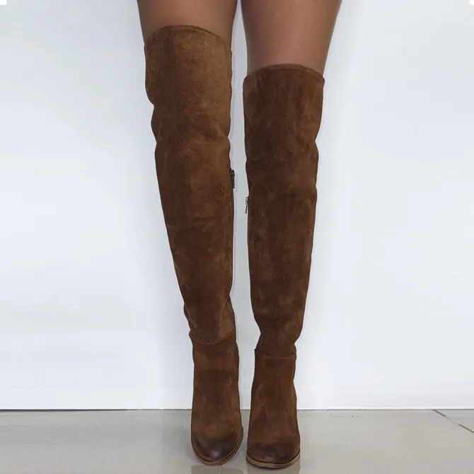 Bottes cuissardes daim camel à talon - Accessoires pour chaussures