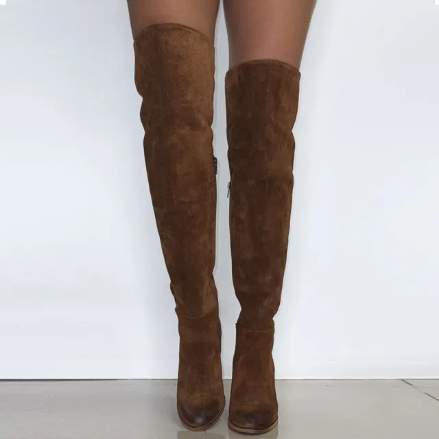 Bottes cuissardes daim camel à talon - Accessoires pour chaussures