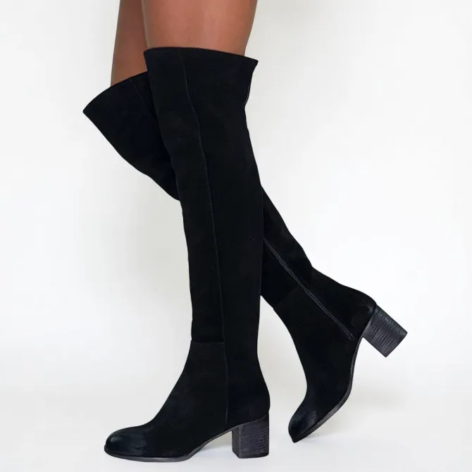 Cuissardes daim noir talon carré - Accessoires pour chaussures
