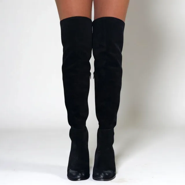 Cuissardes daim noir talon carré - Accessoires pour chaussures