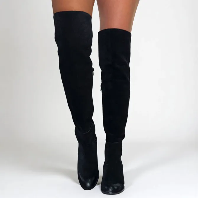 Cuissardes daim noir talon carré - Accessoires pour chaussures