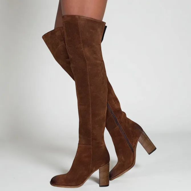 Bottes cuissardes daim camel à talon - Accessoires pour chaussures