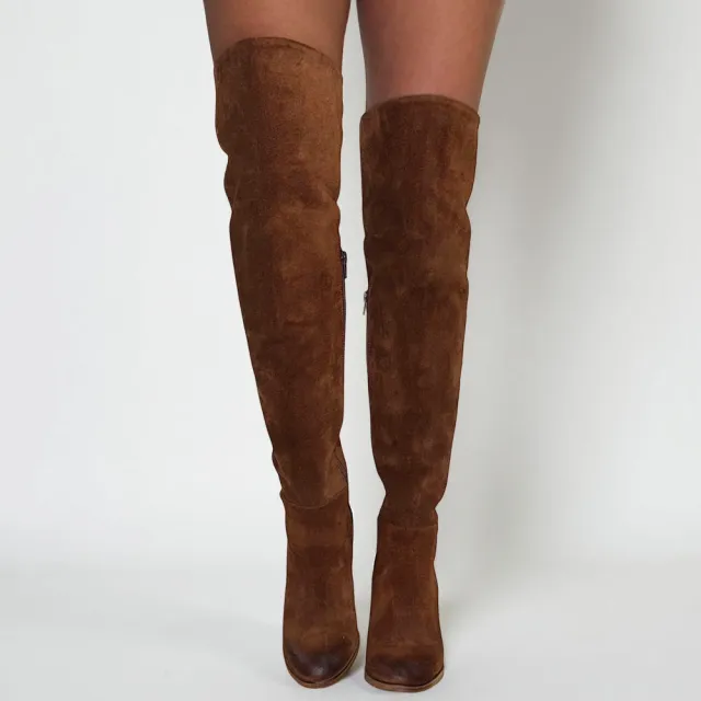 Bottes cuissardes daim camel à talon - Accessoires pour chaussures