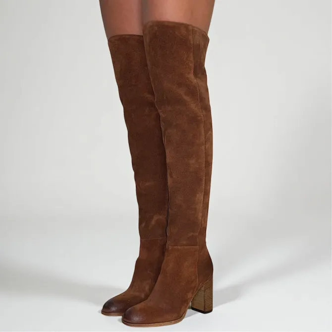 Bottes cuissardes daim camel à talon - Accessoires pour chaussures