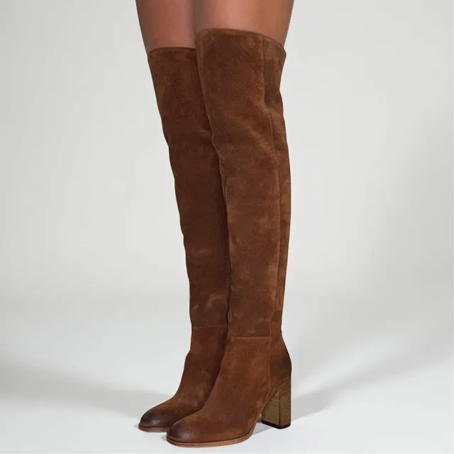 Bottes cuissardes daim camel à talon - Accessoires pour chaussures