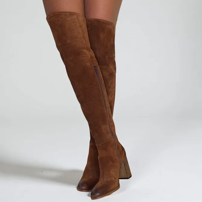 Bottes cuissardes daim camel à talon - Accessoires pour chaussures