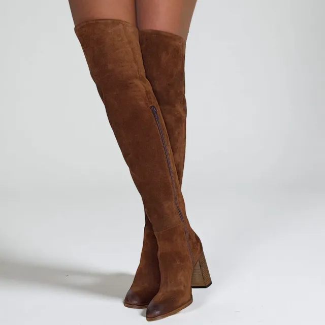Bottes cuissardes daim camel à talon - Accessoires pour chaussures