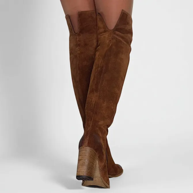 Bottes cuissardes daim camel à talon - Accessoires pour chaussures