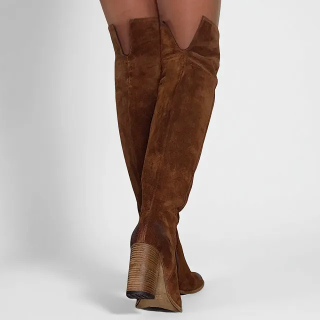Bottes cuissardes daim camel à talon - Accessoires pour chaussures