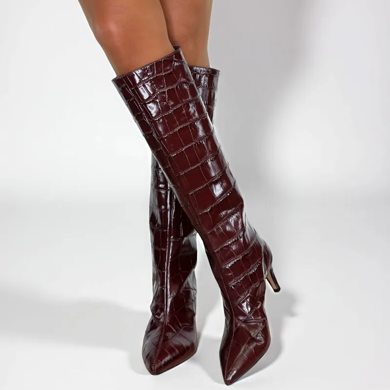 Bottes Cavalières Femme En Cuir Verni Croco Marron – Taille 39/40, Neuves Avec Emballage (BRODEQUINS)