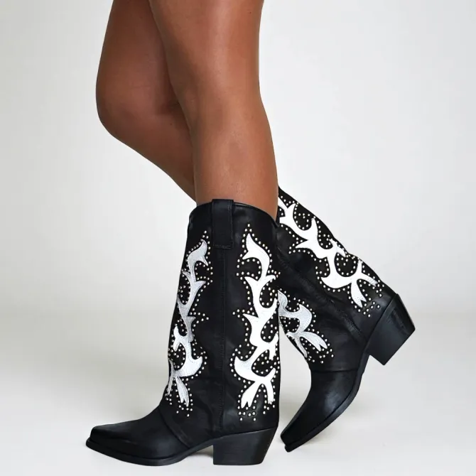 Bottes cowboy cuir noir cloutées - Accessoires pour chaussures