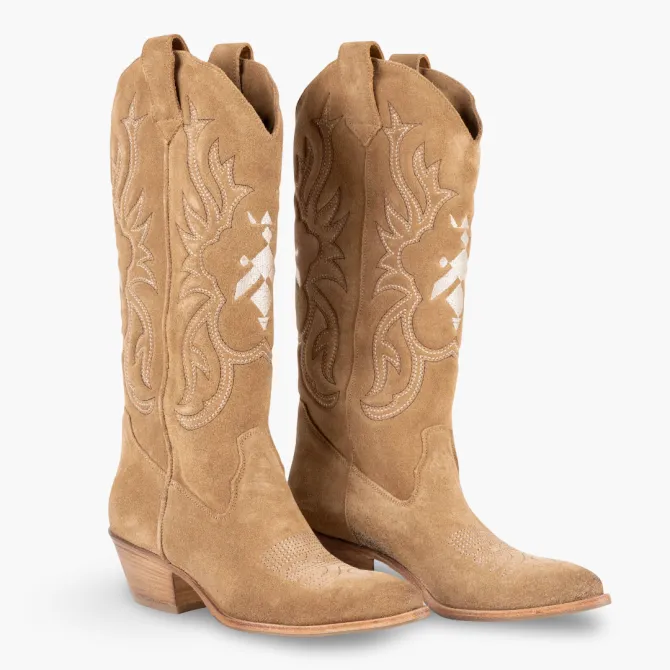Bottes cowboy daim beige broderies - Accessoires pour chaussures