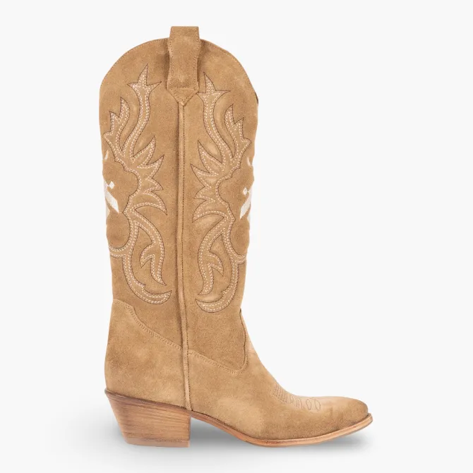 Bottes cowboy daim beige broderies - Accessoires pour chaussures