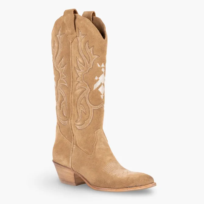 Bottes cowboy daim beige broderies - Accessoires pour chaussures