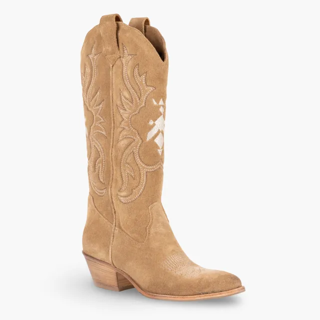 Bottes cowboy daim beige broderies - Accessoires pour chaussures