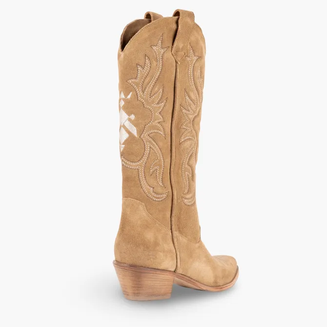 Bottes cowboy daim beige broderies - Accessoires pour chaussures