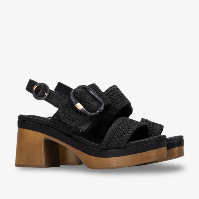 Sandales talon bois en raphia noir - Accessoires pour chaussures
