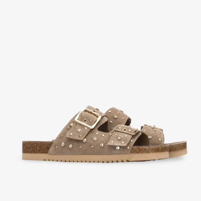 Sandales plates bohèmes daim taupe et strass - Accessoires pour chaussures