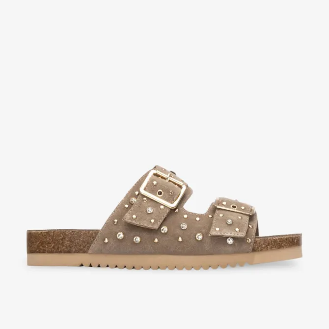 Sandales plates bohèmes daim taupe et strass - Accessoires pour chaussures