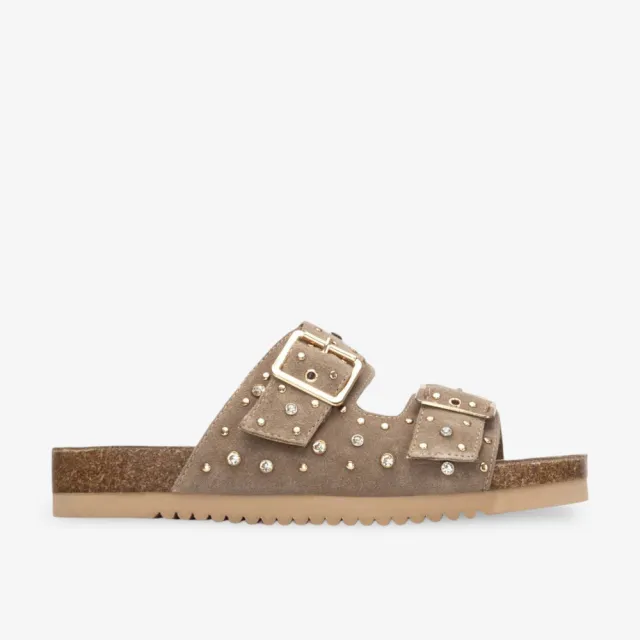 Sandales plates bohèmes daim taupe et strass - Accessoires pour chaussures