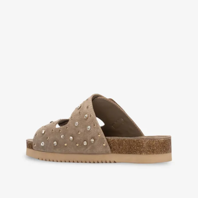 Sandales plates bohèmes daim taupe et strass - Accessoires pour chaussures