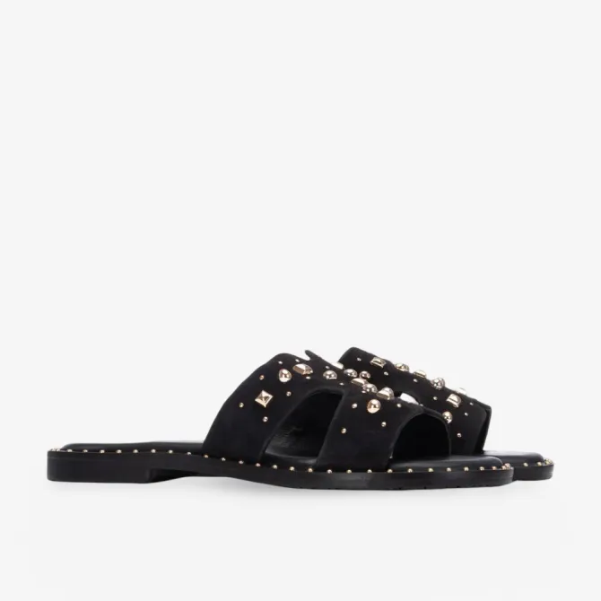 Mules plates daim noir et strass femme - Accessoires pour chaussures
