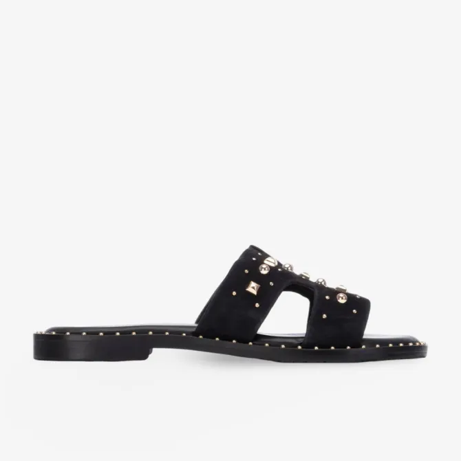 Mules plates daim noir et strass femme - Accessoires pour chaussures