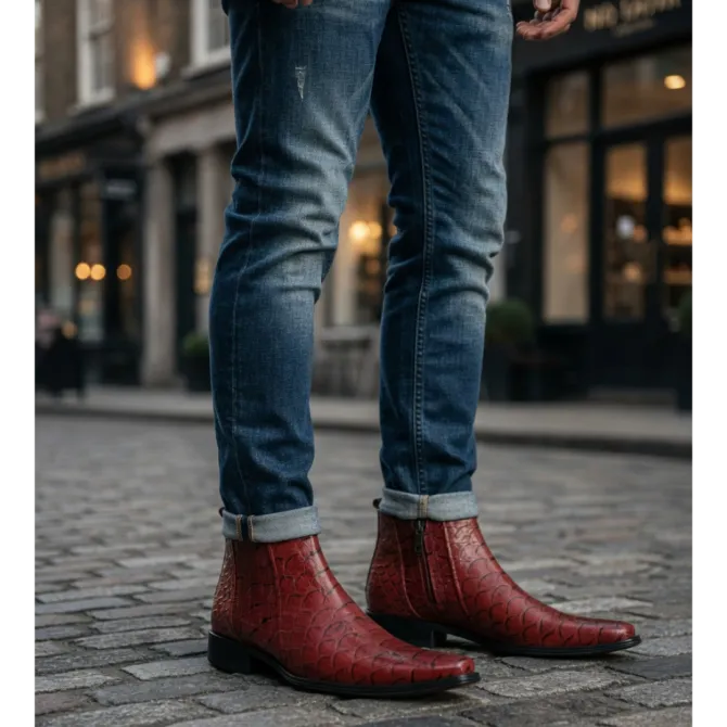 Boots homme cuir rouge effet croco - Accessoires pour chaussures