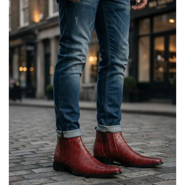 Boots homme cuir rouge effet croco - Accessoires pour chaussures