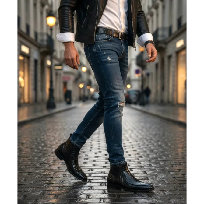 Boots homme cuir croco noir verni - Accessoires pour chaussures