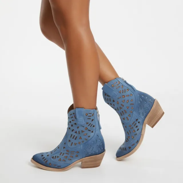 Bottines santiags bleu jean daim ajouré femme - Accessoires pour chaussures