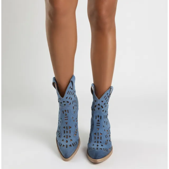 Bottines santiags bleu jean daim ajouré femme - Accessoires pour chaussures