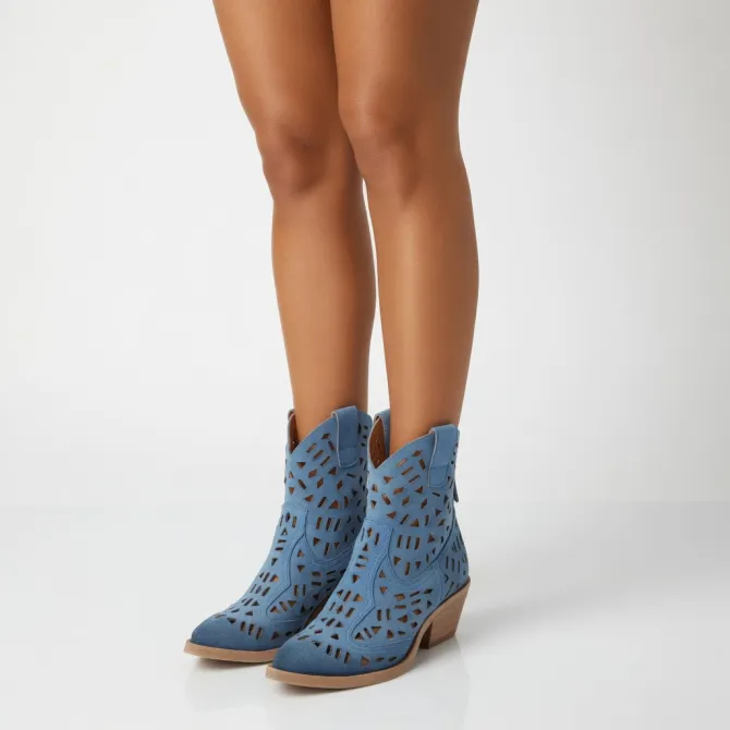 Bottines santiags bleu jean daim ajouré femme - Accessoires pour chaussures