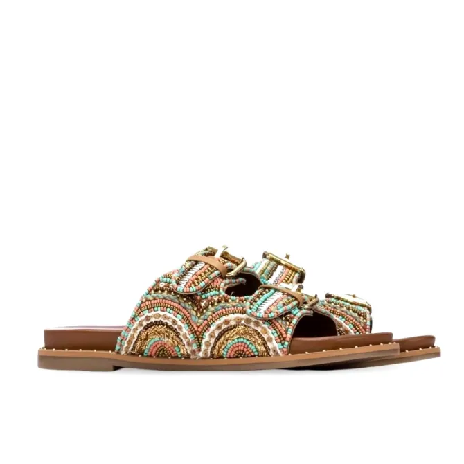 Sandales plates bohèmes perlées multicolores  - MULES ET NU PIEDS
