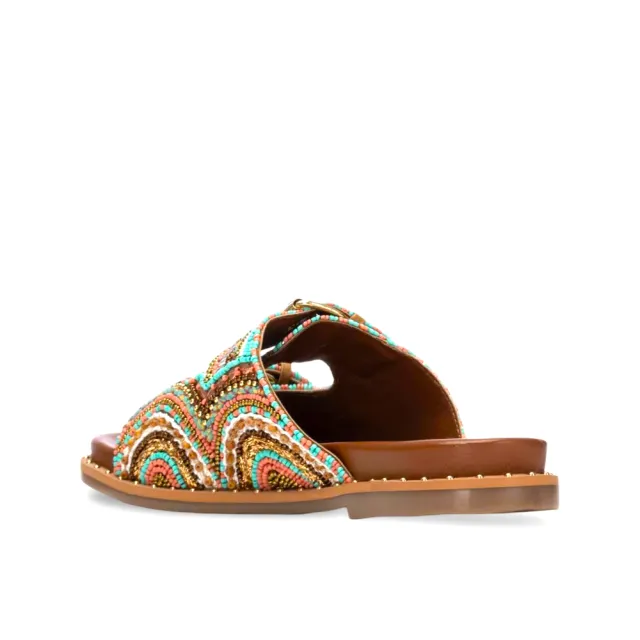 Sandales plates bohèmes perlées multicolores  - MULES ET NU PIEDS