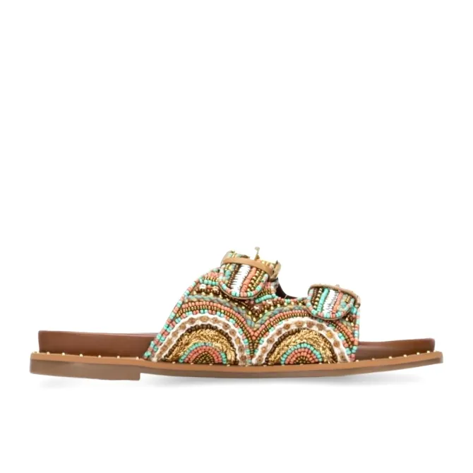 Sandales plates bohèmes perlées multicolores  - MULES ET NU PIEDS