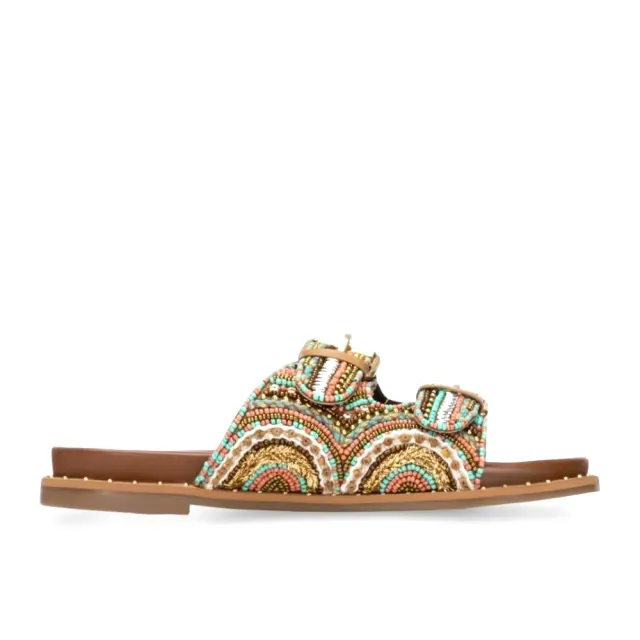 Sandales plates bohèmes perlées multicolores  - MULES ET NU PIEDS