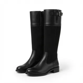 Bottes cavalières plates cuir et daim noir - Bottes cavalières artisanales
