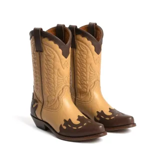 Bottes cowboy bicolores en cuir pleine fleur camel et marron