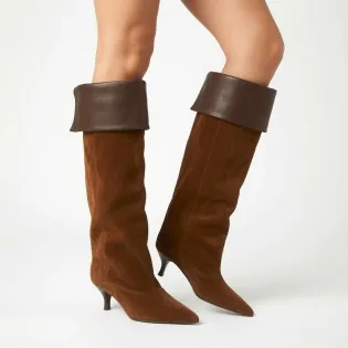 Bottes femme daim cognac à revers cuir - Fabrication artisanale italienne