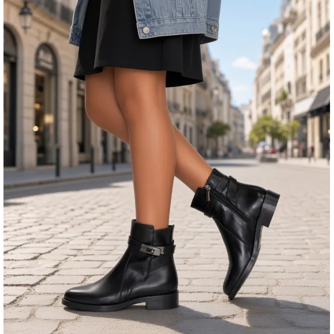 Bottines cuir noir lanière fermoir  - Bottines femme artisanales